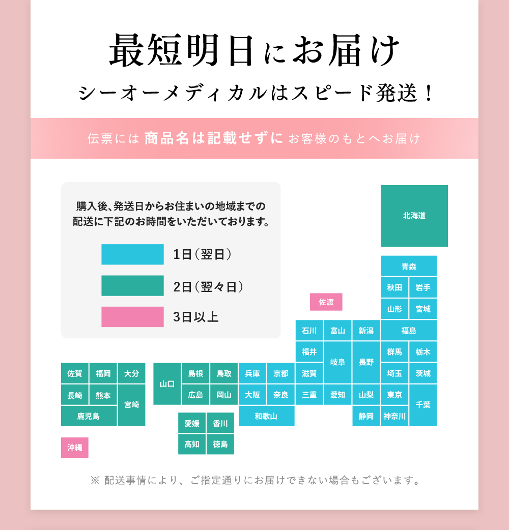 最短明日にお届け シーオーメディカルはスピード発送! 伝票には商品名は記載せずにお客様のもとへお届け