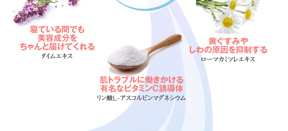 寝ている間でも美容成分をちゃんと届けてくれる「タイムエキス」　黄ぐすみやしわの原因を抑制する「ローマカミツレエキス」　肌トラブルに働きかける有名なビタミンC誘導体「リン酸L-アスコルビンマグネシウム」