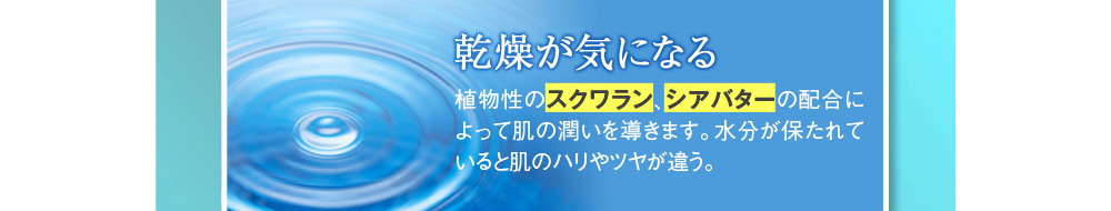 【乾燥が気になる】→植物性のスクワラン、シアバターの配合によって肌の潤いを導きます。水分が保たれていると肌のハリやツヤが違う。