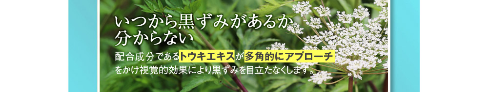 【いつから黒ずみがあるかわからない】→配合成分であるトウキエキスが多角的にアプローチをかけ視覚的効果により黒ずみを目立たなくします。