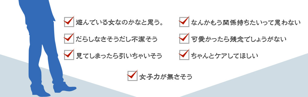 □遊んでいる女なのかなと思う。　□だらしなさそうだし不潔そう　□見てしまったら引いちゃいそう　□なんかもう関係持ちたいって思わない　□可愛かったら残念でしょうがない　□ちゃんとケアしてほしい　□女子力が無さそう