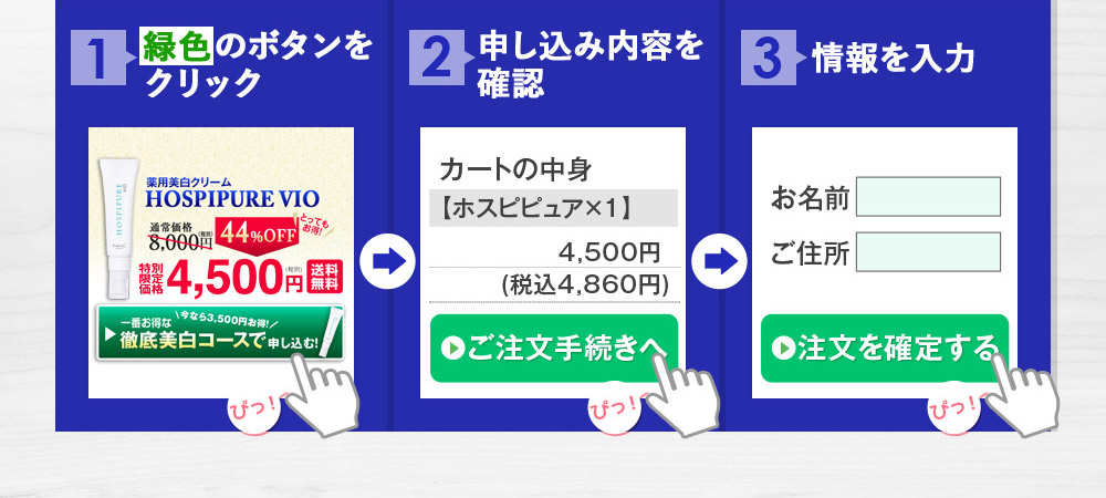 1：緑色のボタンをクリック　2：申し込み内容を確認　3：情報を入力