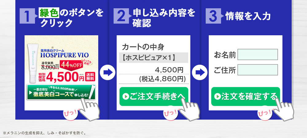 1：緑色のボタンをクリック　2：申し込み内容を確認　3：情報を入力