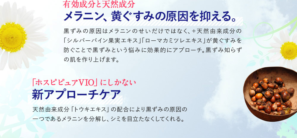 【有効成分と天然成分】メラニン、黄ぐすみの原因を抑える。黒ずみの原因はメラニンのせいだけではなく、＋天然由来成分の「シルバーバイン果実エキス」「ローマカミツレエキス」が黄ぐすみを防ぐことで黒ずみという悩みに効果的にアプローチ。黒ずみ知らずの肌を作り上げます。　【「ホスピピュアVIO」にしかない】新アプローチケア　天然由来成分「トウキエキス」の配合により黒ずみの原因の一つであるメラニンを分解し、シミを目立たなくしてくれる。
