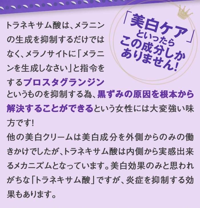 「美白ケア」といったらこの成分しかありません！　トラネキサム酸は、メラニンの生成を抑制するだけではなく、メラノサイトに「メラニンを生成しなさい」と指令をするプロスタグランジンというものを抑制する為、黒ずみの原因を根本から解決することができるという女性には大変強い味方です！　他の美白クリームは美白成分を外側からのみの働きかけでしたが、トラネキサム酸は内側から実感出来るメカニズムとなっています。美白効果のみと思われがちな「トラネキサム酸」ですが、炎症を抑制する効果もあります。