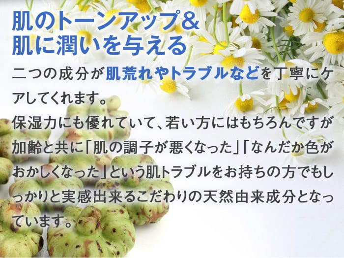 肌のトーンアップ&肌に潤いを与える　二つの成分が肌荒れやトラブルなどを丁寧にケアしてくれます。保湿力にも優れていて、若い方にはもちろんですが加齢と共に「肌の調子が悪くなった」「なんだか色がおかしくなった」という肌トラブルをお持ちの方でもしっかりと実感出来るこだわりの天然由来成分となっています。