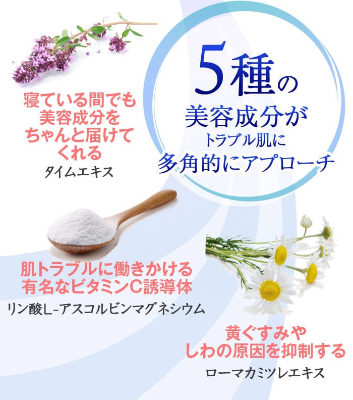 寝ている間でも美容成分をちゃんと届けてくれる「タイムエキス」　黄ぐすみやしわの原因を抑制する「ローマカミツレエキス」　肌トラブルに働きかける有名なビタミンC誘導体「リン酸L-アスコルビンマグネシウム」　5種の美容成分がトラブル肌に多角的にアプローチ