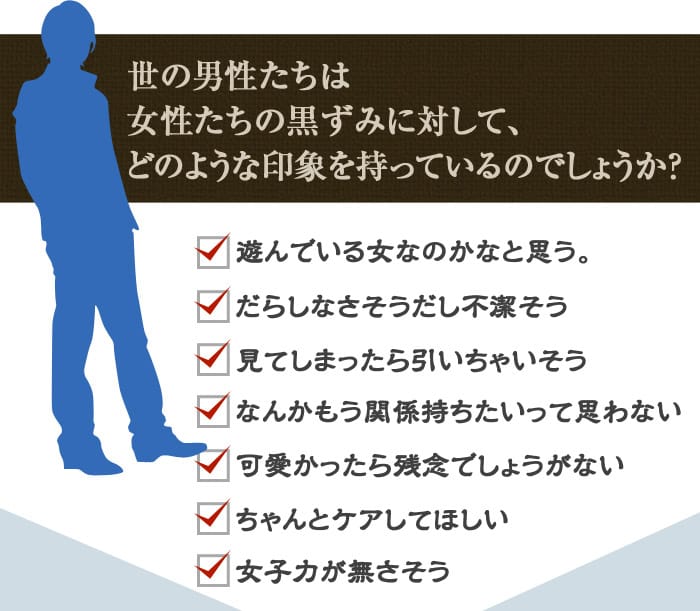 世の男性たちは女性たちの黒ずみに対して、どのような印象を持っているのでしょうか？　□遊んでいる女なのかなと思う。　□だらしなさそうだし不潔そう　□見てしまったら引いちゃいそう　□なんかもう関係持ちたいって思わない　□可愛かったら残念でしょうがない　□ちゃんとケアしてほしい　□女子力が無さそう