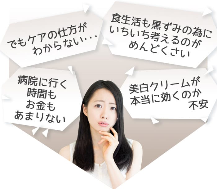 でもケアの仕方がわからない･･･　病院に行く時間もお金もあまりない　食生活も黒ずみの為にいちいち考えるのがめんどくさい　美白クリームが本当に効くのか不安