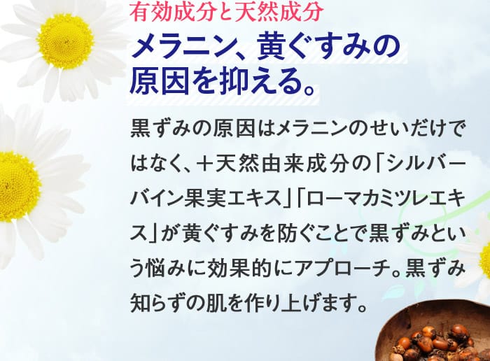 有効成分と天然成分】メラニン、黄ぐすみの原因を抑える。黒ずみの原因はメラニンのせいだけではなく、＋天然由来成分の「シルバーバイン果実エキス」「ローマカミツレエキス」が黄ぐすみを防ぐことで黒ずみという悩みに効果的にアプローチ。黒ずみ知らずの肌を作り上げます。