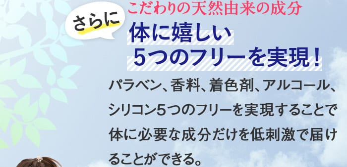 【こだわりの天然由来の成分】さらに体に嬉しい５つのフリーを実現！パラベン、香料、着色剤、アルコール、シリコン５つのフリーを実現することで体に必要な成分だけを低刺激で届けることができる。